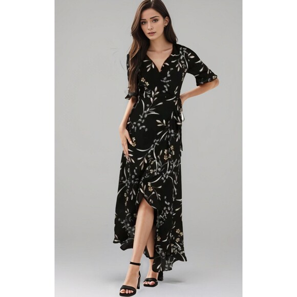 Lulus Wild Winds Maxi Wrap Dress Sz S Black Floral High-Low Romantic Cottage NWT - Picture 1 of 8
